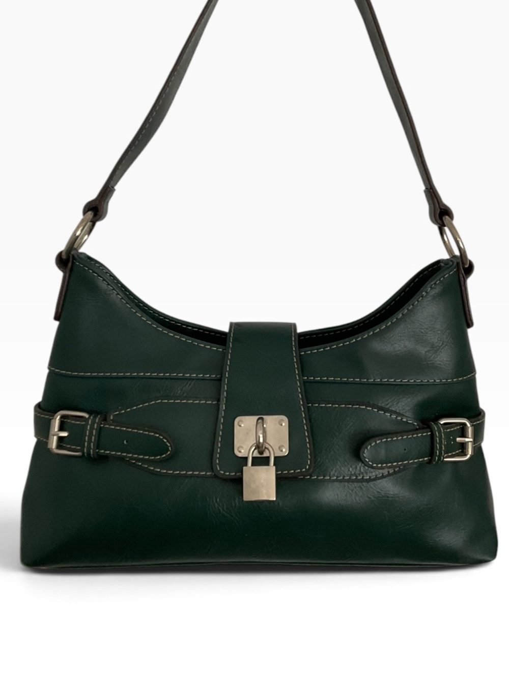 VILLAGER by LIZ CLAIBORNE Women’s Dark Green Leather Shoulder Bag Silver NWT